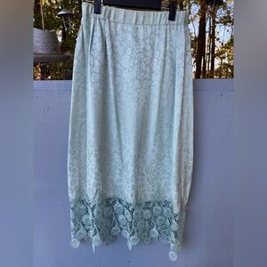 Floral Lace Hem Midi Skirt - Light Green 100% Silk